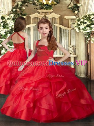 Red Sleeveless Floor Length Ruffles and Ruching Lace Up Kids Formal Wear