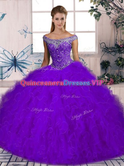Ideal Off The Shoulder Sleeveless Brush Train Lace Up 15 Quinceanera Dress Purple Tulle - Click Image to Close