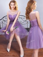 Modern Lavender A-line Tulle Scoop Sleeveless Beading and Ruching and Belt Mini Length Lace Up Quinceanera Dama Dress