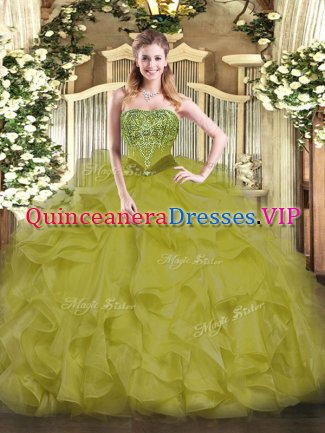 Olive Green Organza Lace Up Strapless Sleeveless Floor Length 15 Quinceanera Dress Beading and Ruffles