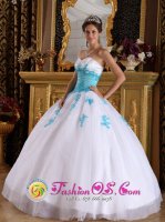 Elegant Sweetheart White and Blue Quinceanera Dress For Voorhees New Jersey/ NJ With Appliques Organza Ball Gown(SKU QDML059-CBIZ)