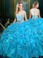 Baby Blue Organza Zipper Scoop Sleeveless Floor Length Sweet 16 Quinceanera Dress Lace and Ruffles