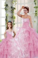 Custom Fit Strapless Sleeveless 15th Birthday Dress Floor Length Beading and Ruffled Layers and Ruching Rose Pink Organza