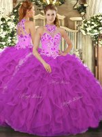 Sweet Fuchsia Sleeveless Beading and Embroidery and Ruffles Floor Length Vestidos de Quinceanera