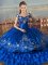 Royal Blue Lace Up Off The Shoulder Embroidery and Ruffled Layers 15th Birthday Dress Satin and Organza Sleeveless