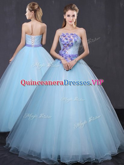 Fabulous Light Blue Sweet 16 Dresses Military Ball and Sweet 16 and Quinceanera with Appliques and Belt Strapless Sleeveless Lace Up - Click Image to Close