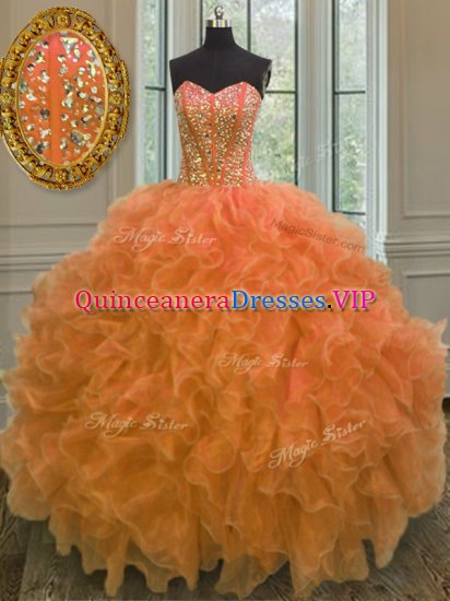 New Arrival Orange Organza Lace Up Quinceanera Dress Sleeveless Floor Length Beading and Ruffles - Click Image to Close