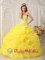 Yellow Beaded Appliques Decorate Bodice Hand Made Flower Pick-ups Ball Gown Quinceanera Dress For Sweet 16 IN New Haw Surrey