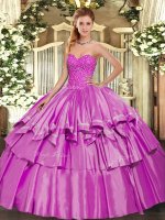 Glamorous Sleeveless Floor Length Beading and Ruffled Layers Lace Up Sweet 16 Dress with Lilac