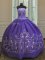 Purple Ball Gowns Strapless Sleeveless Satin Floor Length Lace Up Embroidery Quinceanera Gowns