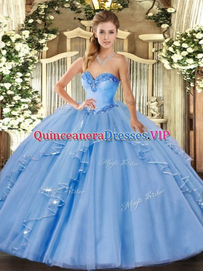 Beauteous Beading and Ruffles 15th Birthday Dress Blue Lace Up Sleeveless Floor Length - Click Image to Close
