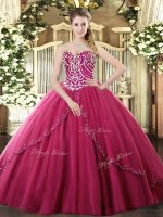 New Arrival Hot Pink Lace Up Sweetheart Beading 15 Quinceanera Dress Tulle Sleeveless Brush Train