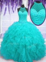 Fine Floor Length Lace Up Vestidos de Quinceanera Aqua Blue for Military Ball and Sweet 16 and Quinceanera with Beading and Ruffles