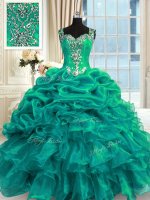 Sleeveless Organza Floor Length Lace Up Quinceanera Gowns in Turquoise with Beading and Ruffles and Pick Ups