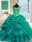 Sleeveless Organza Floor Length Lace Up Quinceanera Gowns in Turquoise with Beading and Ruffles and Pick Ups