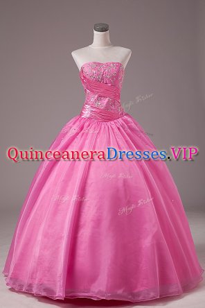 Pretty Rose Pink Ball Gowns Strapless Sleeveless Organza Floor Length Lace Up Embroidery 15th Birthday Dress