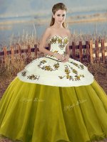 Nice Sweetheart Sleeveless Quinceanera Gowns Floor Length Embroidery and Bowknot Olive Green Tulle(SKU SJQDDT2149002-7BIZ)