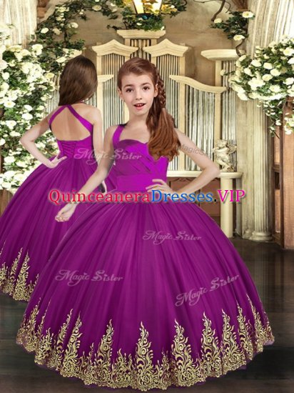 Purple Tulle Lace Up Straps Sleeveless Asymmetrical Little Girl Pageant Gowns Embroidery - Click Image to Close