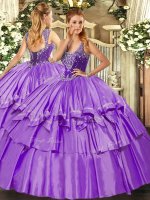 Flirting Ball Gowns Quinceanera Dresses Lavender Straps Organza and Taffeta Sleeveless Floor Length Lace Up