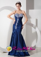 Aiea Hawaii/HI Strapless Navy Blue Column Sweetheart Floor-length Taffeta Ruch and Beading Mermaid Quinceanera Dama Dress
