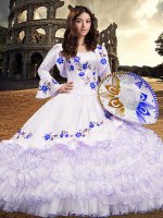 High End Long Sleeves Organza Floor Length Lace Up 15th Birthday Dress in Royal Blue with Embroidery and Ruffled Layers