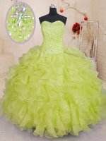 Yellow Green Sleeveless Floor Length Beading and Ruffles Lace Up Quinceanera Gown