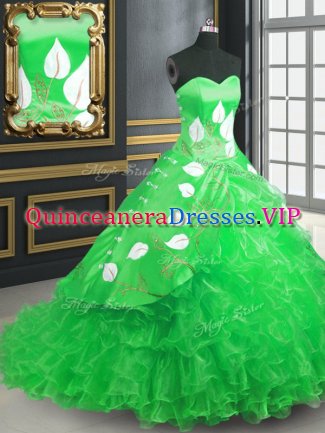 Organza Sweetheart Sleeveless Brush Train Lace Up Embroidery and Ruffles Quinceanera Dress in Green