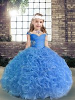 Blue Ball Gowns Spaghetti Straps Sleeveless Fabric With Rolling Flowers Floor Length Lace Up Beading and Ruching Kids Pageant Dress(SKU PAG1267-1BIZ)