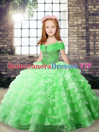 Hot Sale Organza Lace Up Little Girl Pageant Dress Sleeveless Brush Train Beading and Ruffled Layers