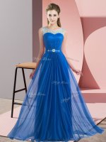 Wonderful Blue Lace Up Scoop Beading Quinceanera Court of Honor Dress Chiffon Sleeveless