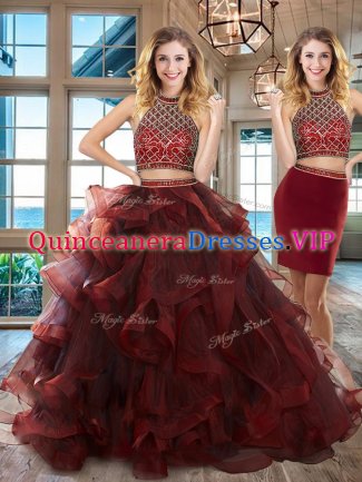 Burgundy Quinceanera Dresses Military Ball and Sweet 16 and Quinceanera with Beading and Ruffles Halter Top Sleeveless Brush Train Backless