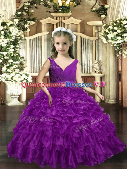 Eggplant Purple Backless Kids Pageant Dress Ruffles Sleeveless Floor Length - Click Image to Close
