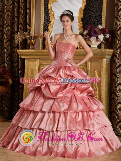 Writtle East Anglia Watermelon Red For Discount Floor-length Quinceanera Dress With Strapless Pick-ups and Beading - Click Image to Close