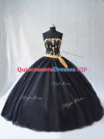 Dazzling Ball Gowns 15 Quinceanera Dress Black Strapless Tulle Sleeveless Floor Length Lace Up - Click Image to Close