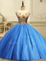 Cheap Scoop Sleeveless 15th Birthday Dress Floor Length Appliques and Sequins Baby Blue Tulle