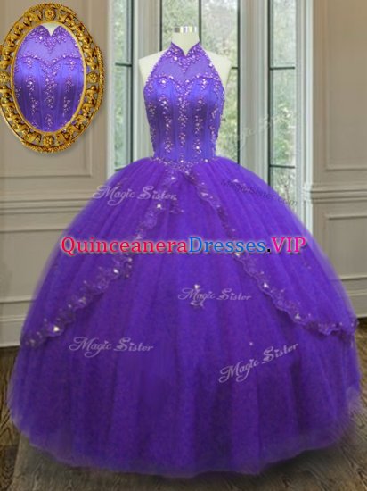 Beading and Appliques Vestidos de Quinceanera Purple Lace Up Sleeveless Floor Length - Click Image to Close