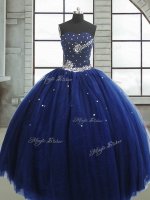 Sleeveless Tulle Floor Length Lace Up 15 Quinceanera Dress in Navy Blue with Beading