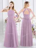 Admirable Lavender Zipper Halter Top Ruching Damas Dress Chiffon Sleeveless