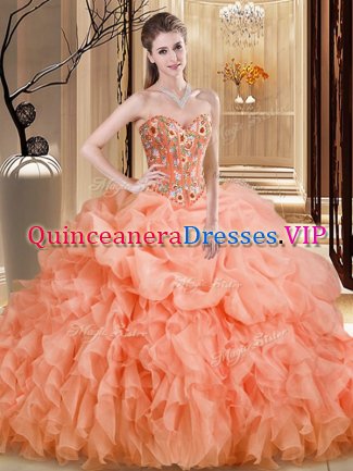 Organza Sweetheart Sleeveless Brush Train Lace Up Beading and Embroidery and Ruffles 15th Birthday Dress in Orange