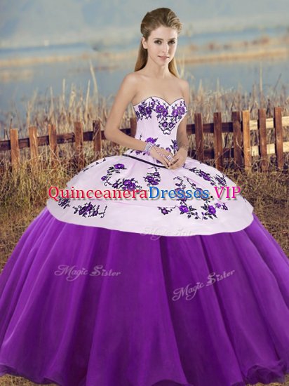 Sweet Sleeveless Tulle Floor Length Lace Up Quinceanera Gown in White And Purple with Embroidery and Bowknot - Click Image to Close