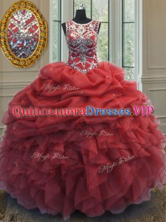 Suitable Coral Red Scoop Lace Up Beading and Ruffles and Pick Ups Sweet 16 Quinceanera Dress Sleeveless
