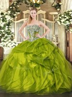 Olive Green Sleeveless Beading and Ruffled Layers Floor Length Quinceanera Dress