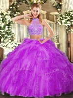 Fuchsia Two Pieces Beading and Ruffles 15th Birthday Dress Criss Cross Tulle Sleeveless Floor Length(SKU SJQDDT1029002-1BIZ)