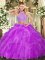 Fuchsia Two Pieces Beading and Ruffles 15th Birthday Dress Criss Cross Tulle Sleeveless Floor Length