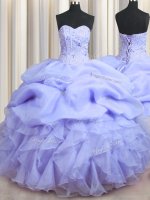 Visible Boning Ball Gowns Sweet 16 Dress Lavender Sweetheart Organza Sleeveless Floor Length Lace Up
