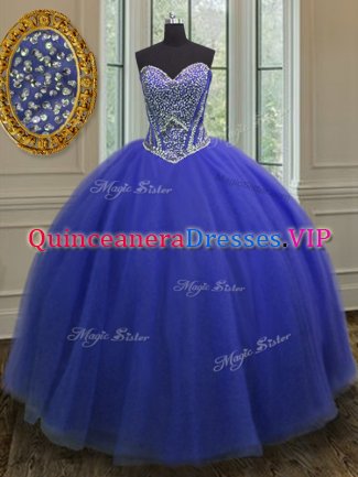 Royal Blue Ball Gowns Sweetheart Sleeveless Tulle Floor Length Lace Up Beading Vestidos de Quinceanera