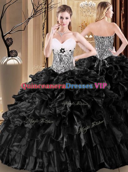 Black Sweetheart Lace Up Ruffles and Pattern Quinceanera Dress Sleeveless - Click Image to Close