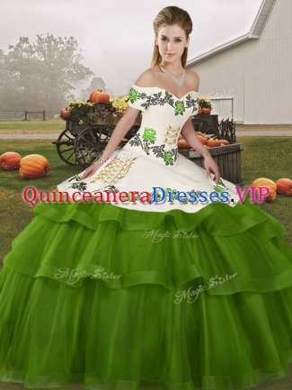 Attractive Sleeveless Embroidery and Ruffled Layers Lace Up 15th Birthday Dress with Olive Green Brush Train
