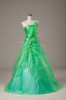 Fashionable Green Ball Gowns One Shoulder Sleeveless Organza Floor Length Lace Up Hand Made Flower Quinceanera Dresses