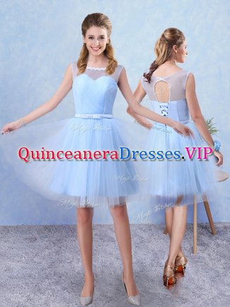 Top Selling Blue Sleeveless Ruching and Belt Knee Length Quinceanera Court of Honor Dress